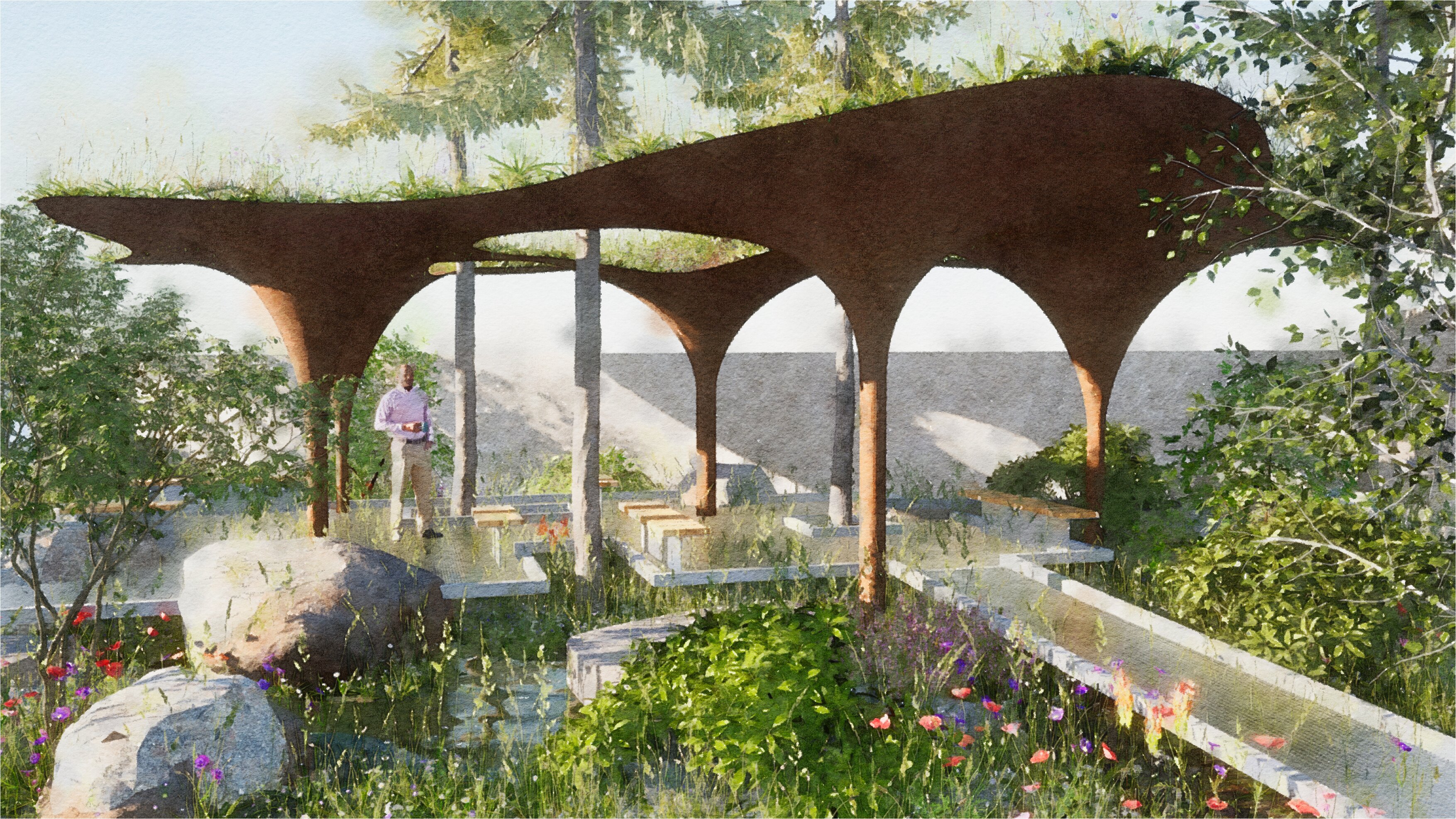 Water Aid - A CGI of a bridge with arches in a garden
