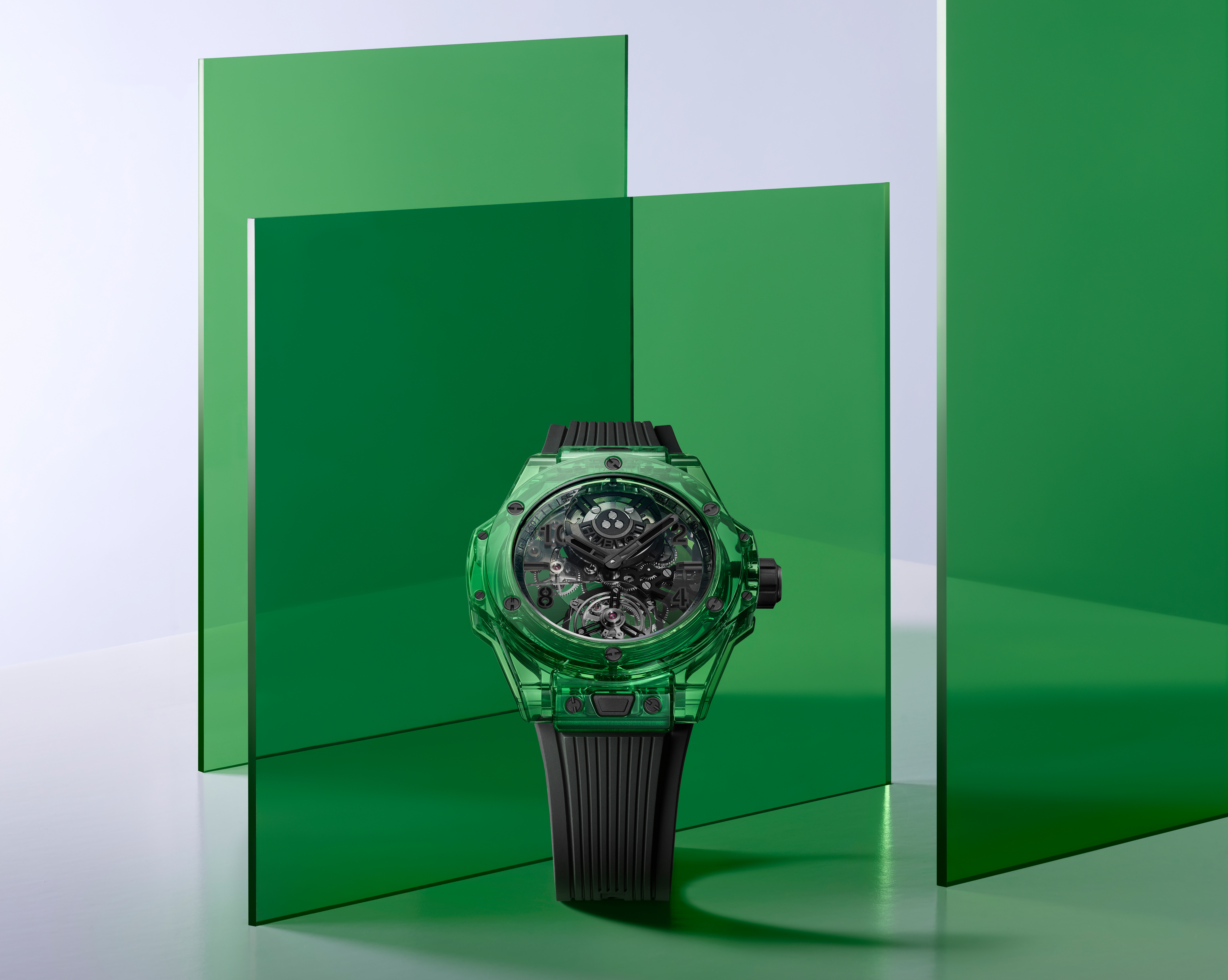 LVMH Watch Week - the hublot automatic green saxem watch displayed with green plastic panels