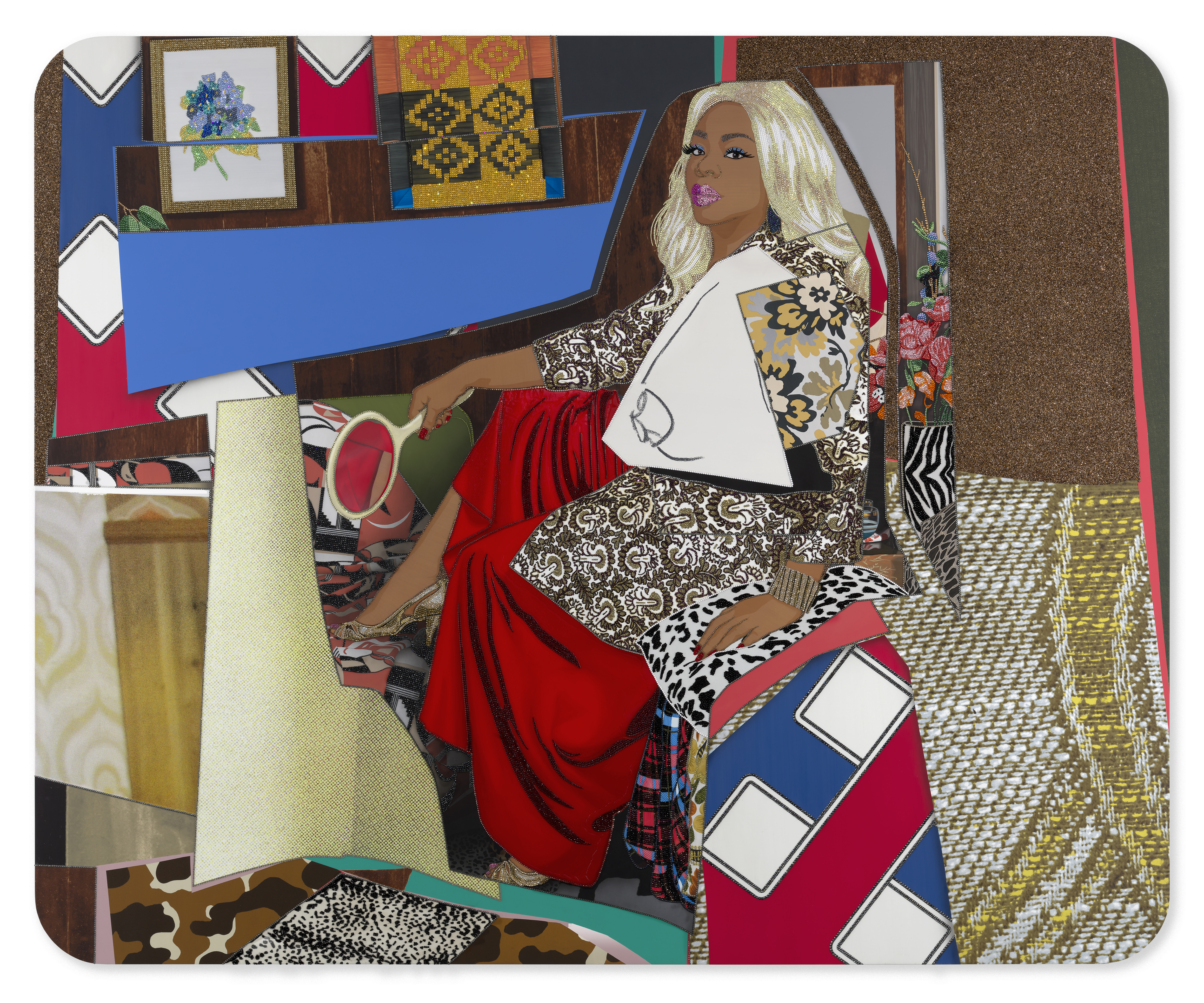 Hayward Gallery Mickalene Thomas - Din avec la main dans le miroir et jupe rouge