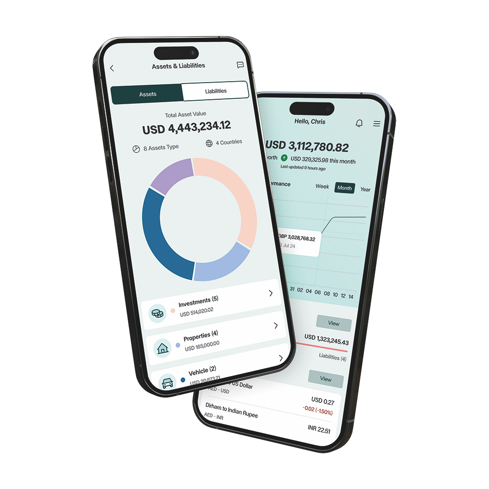 Investment, Tech & Motoring trends 2025 - Hoxton Wealth app screens displaying home page and assets & liabilities page