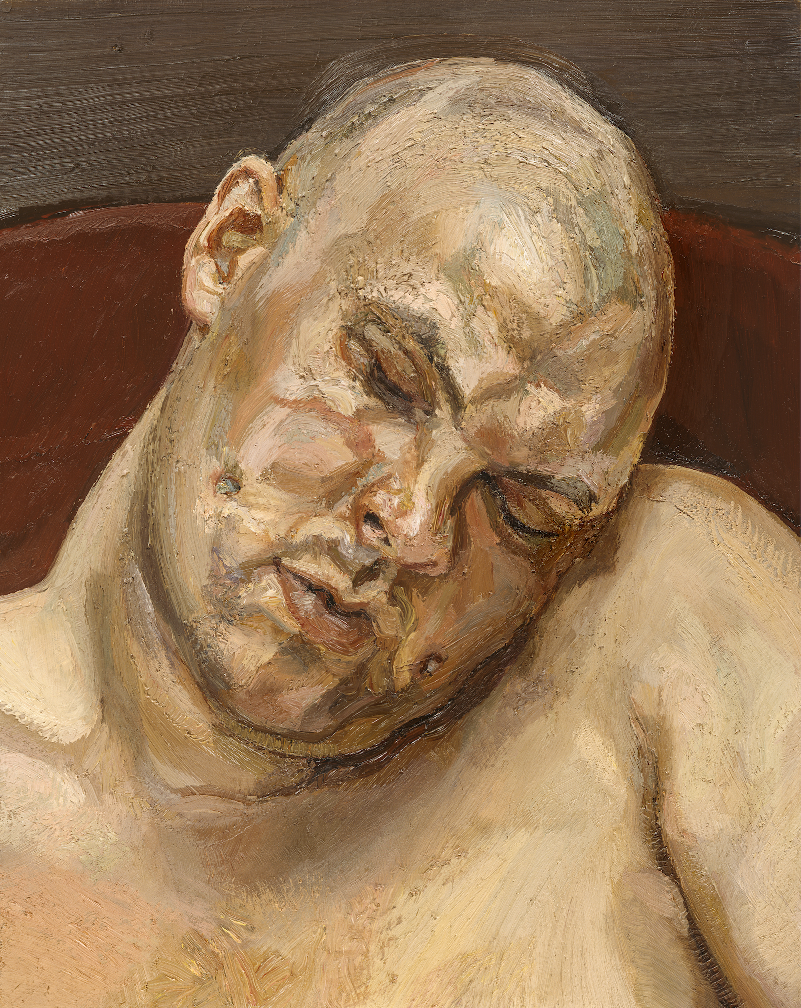 Leigh Bowery Tate Modern - A close-up of a painted portrait of a man, Leigh Bowery, by artist Lucian Freud. The subject is depicted in a relaxed pose with his head tilted and eyes closed, capturing the raw, textured brushstrokes characteristic of Freud's work. The subject's skin is painted in rich, earthy tones, showing detailed highlights and shadows, emphasising the depth of the figure's face and upper body. The background is simple, providing contrast to the figure.