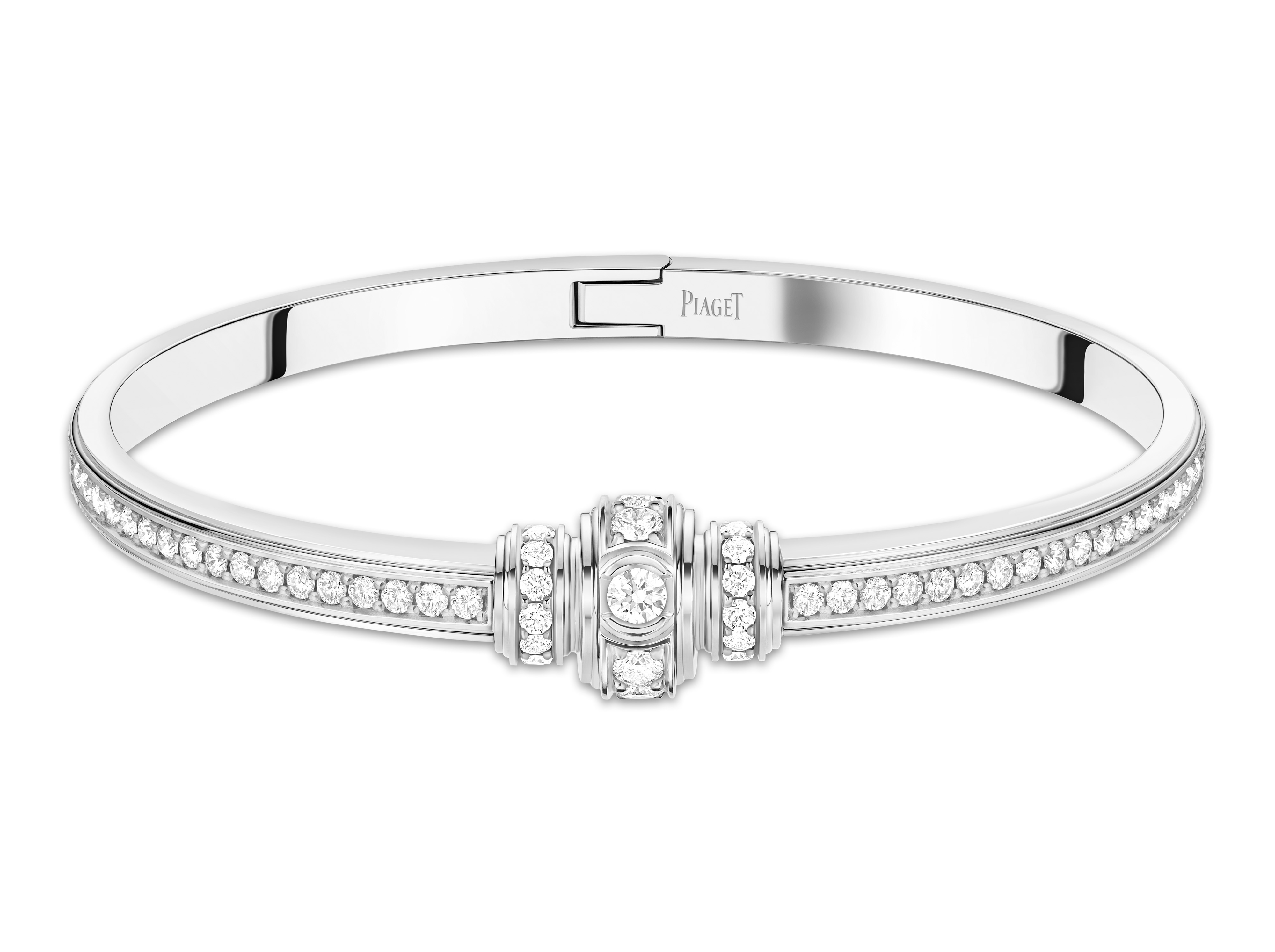 Bracelet Stacks - silver coloured Piaget bangle lined with diamonds and a centre piece