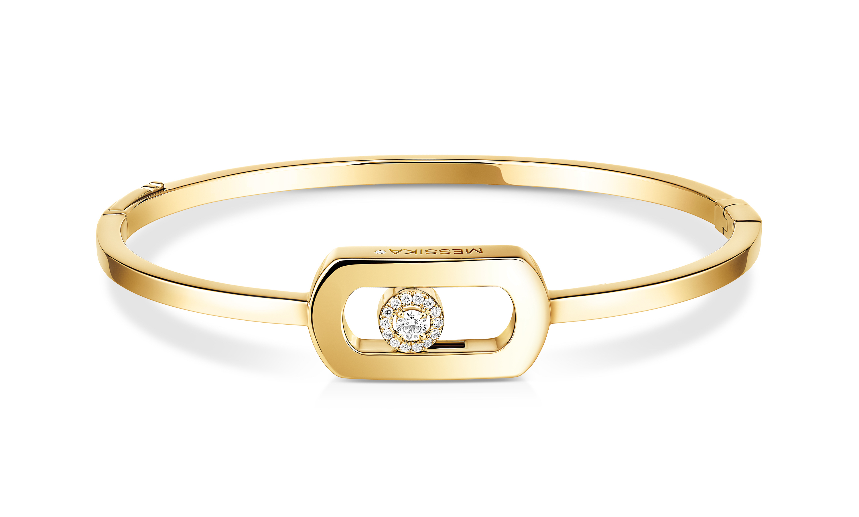 Bracelet Stacks - gold Messika bangle with an elongated oval-shaped centerpiece with a floating diamond pavé detail at its centre