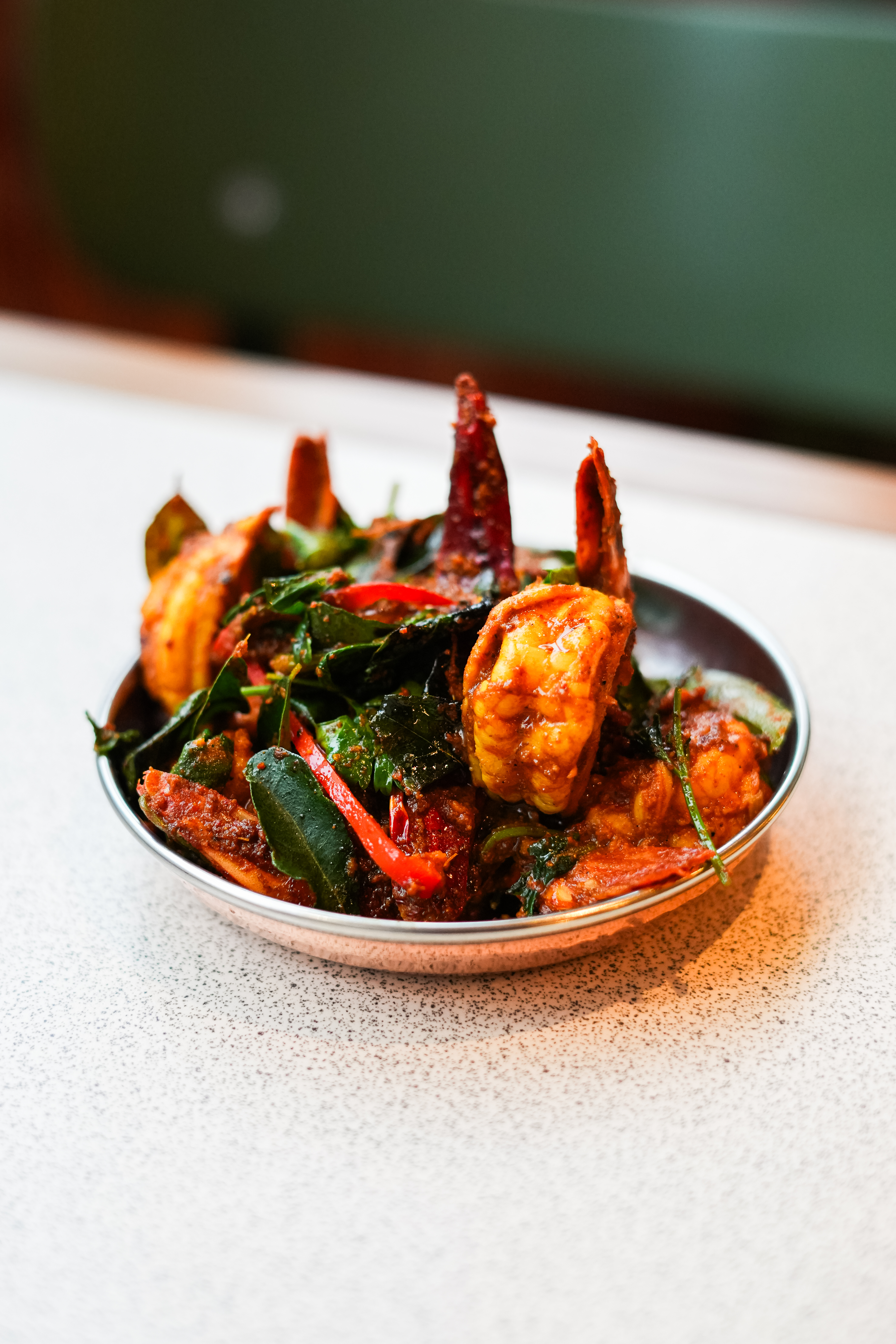 Tamila Restaurant Kings Cross - King prawns and curry leaves in a silver dish