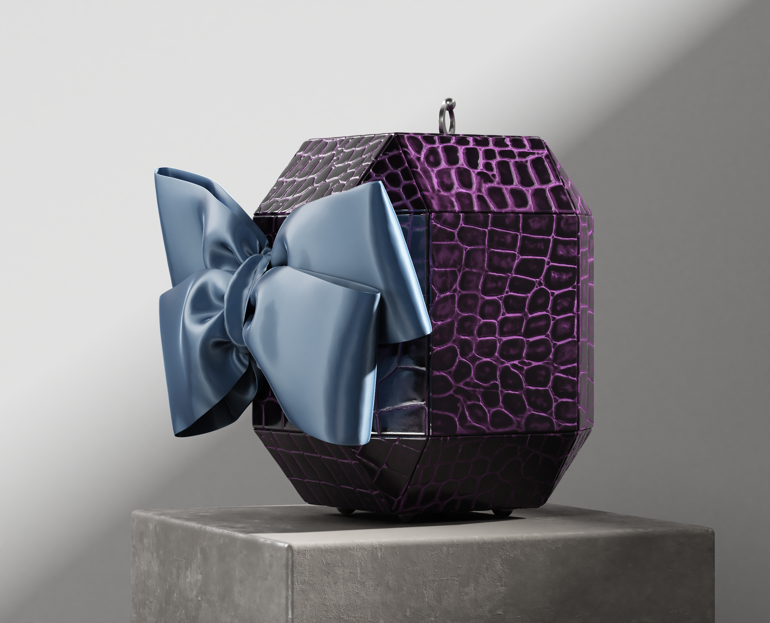 Terrence Higgins Trust Auction 2025 - Image featuring Amethyst by Katia Luna Benaï, a sculptural handbag with a faceted, deep purple exterior adorned with a glossy blue bow