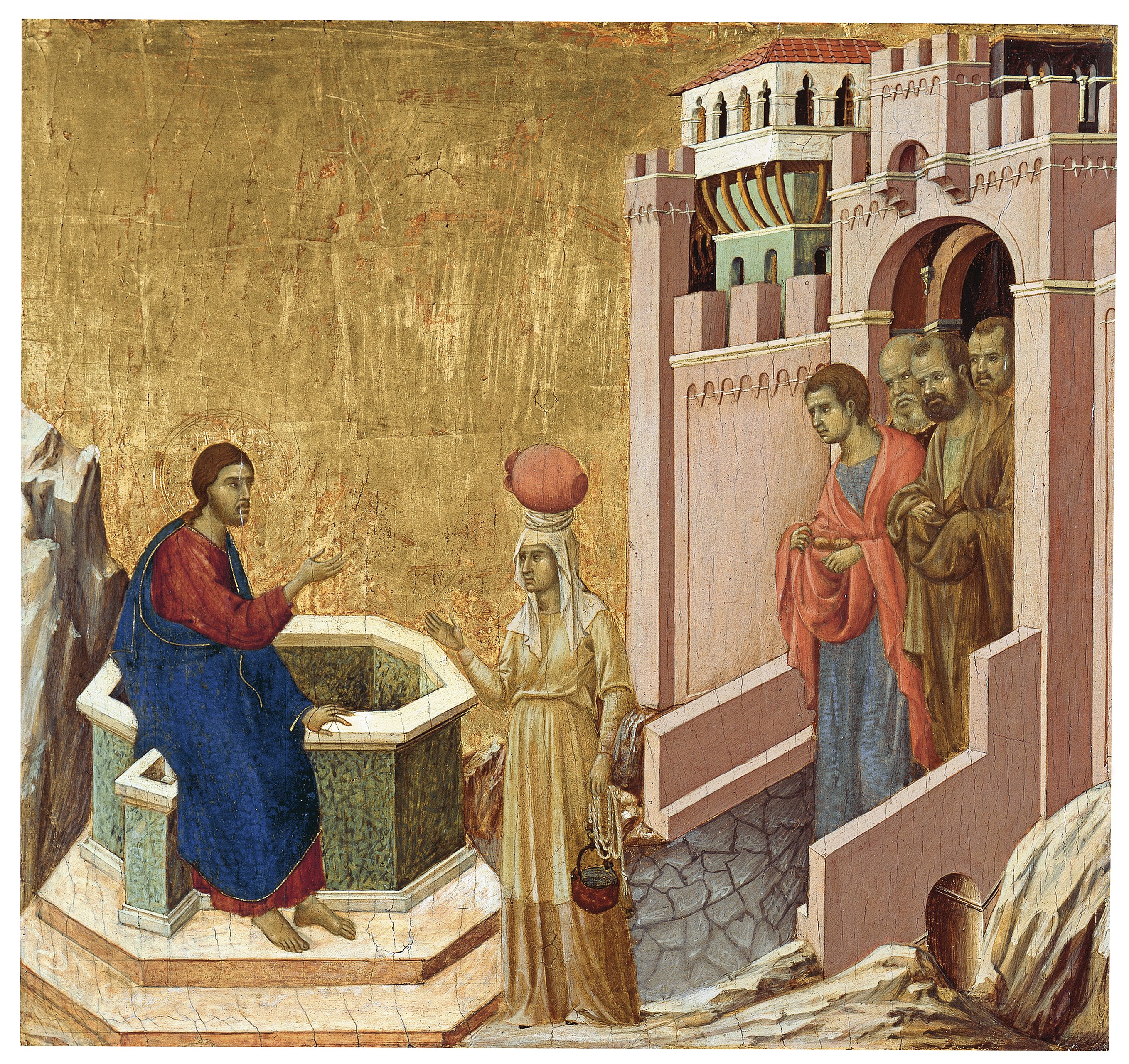 Siena at The National Gallery - Christ and the Woman of Samaria part of the Maestà panels by Duccio. This image shows Jesus seated at a well, speaking to a woman who holds a water jug, a group of men stand on the right..  